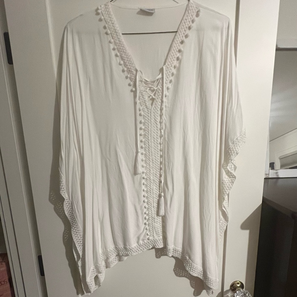 🕶️LULLA COLLECTION by BINDYA White Pom-pom Trimmed Beach Swim Kimono Cover Up - Picture 2 of 4